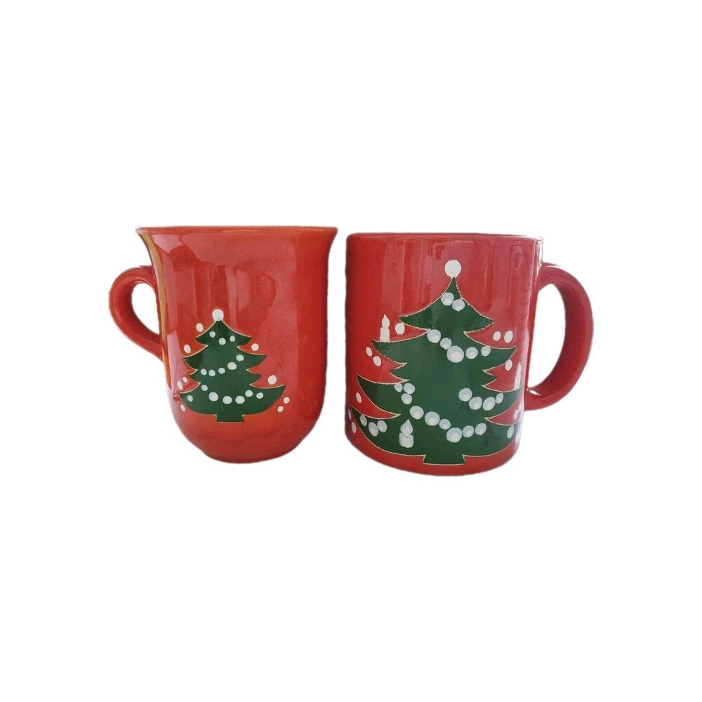 Vintage Waechtersbach Red Christmas Tree Ceramic Coffee Mug SET o 2 West Germany